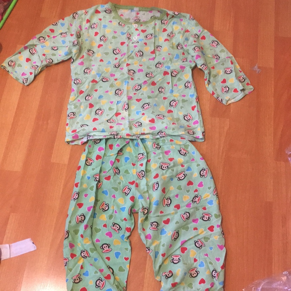 Green Pajama Set with Monkey Prints and Hearts